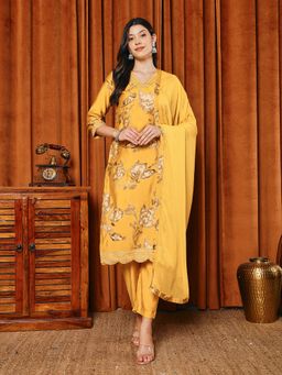 MEENA BAZAAR - Women Mustard Cotton Floral Printed Kurta with Pant and Dupatta