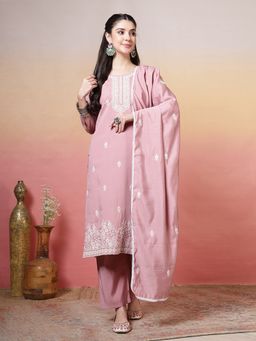 MEENA BAZAAR - Women Mauve Cotton Embroidered Kurta with Pant and Dupatta