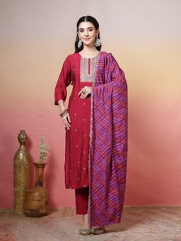 MEENA BAZAAR - Women Maroon Chanderi Embroidered Kurta with Pant and Dupatta