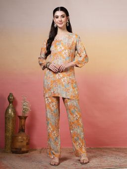 MEENA BAZAAR - Women Orange Cotton Floral Printed Co-Ord Set