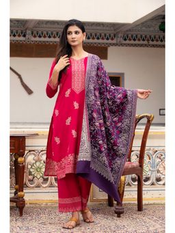 Kidar - Women Red Wool Blend Round Neck Floral Kurta with Pant and Dupatta