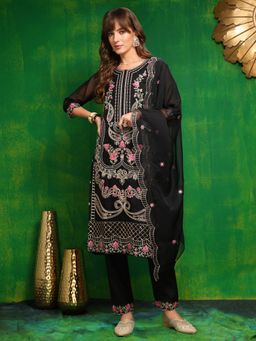 BERRYLICIOUS - Women Black Embroidered Kurta with Pant and Organza Dupatta