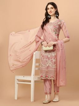 BERRYLICIOUS - Women Pink Embroidered Kurta with Pant and Organza Dupatta