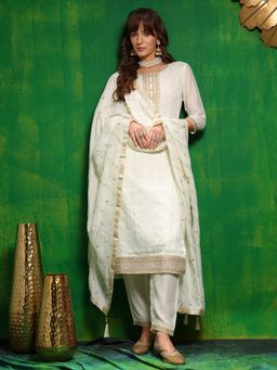 BERRYLICIOUS - White Sequined Embroidered Silk Blend Kurta with Pant and Dupatta