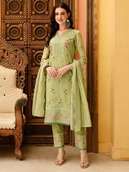 BERRYLICIOUS - Women Green Embroidered Kurta with Pant and Dupatta