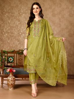BERRYLICIOUS - Green Embroidered Organza Kurta with Pant and Dupatta