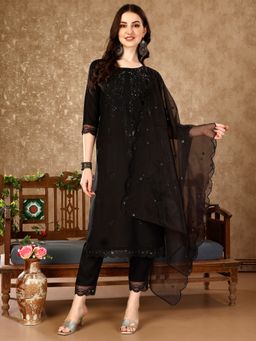 BERRYLICIOUS - Black Sequinned Embroidered Kurta with Pant and Embroidered Organza Dupatta