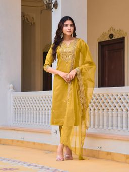 BERRYLICIOUS - Women Mustard Embroidered Kurta with Pant and Dupatta