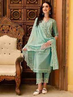 BERRYLICIOUS - Green Embroidered Kurta with Pant and Dupatta