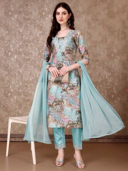 BERRYLICIOUS - Blue Embroidered and Floral Printed Kurta with Pant and Dupatta