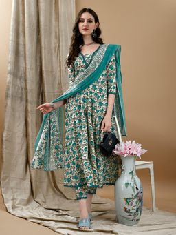 BERRYLICIOUS - Teal Floral Printed Anarkali Kurta with Pant and Dupatta