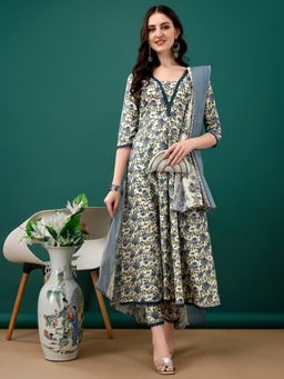 BERRYLICIOUS - Navy Blue Floral Printed Anarkali Kurta with Pant and Dupatta
