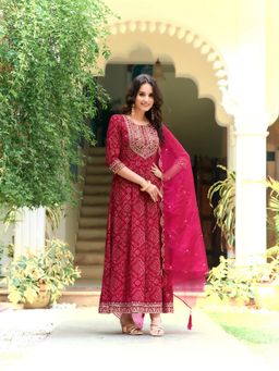 BERRYLICIOUS - Pink Embroidered and Bandhani Printed Anarkali Kurta with Pant and Dupatta