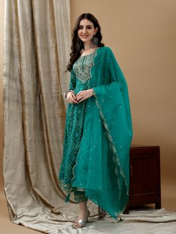BERRYLICIOUS - Teal Embroidered and Bandhani Printed Anarkali Kurta with Pant and Dupatta