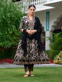 BERRYLICIOUS - Black Embroidered and Printed Anarkali Kurta with Pant and Dupatta