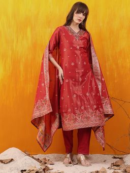 BERRYLICIOUS - Rust Pure Banarasi Jacquard Hand Embroidered Kurta with Pant and Dupatta