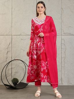 BERRYLICIOUS - Pink Embroidered and Floral Printed Flared A-line Kurta with Pant and Dupatta