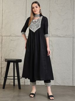 BERRYLICIOUS - Black Mirror Embroidered Kurta with Pant and Necklace Dupatta