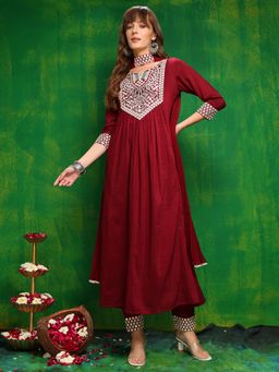 BERRYLICIOUS - Maroon Mirror Embroidered Kurta with Pant and Necklace Dupatta