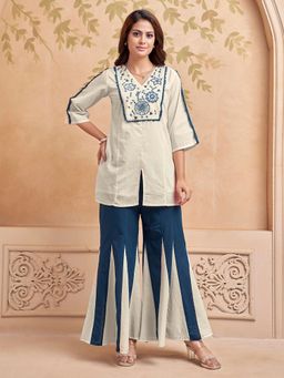 KAFTANIZE - White Base and Blue Color Embroidered Dual-Tone Co-Ord Set