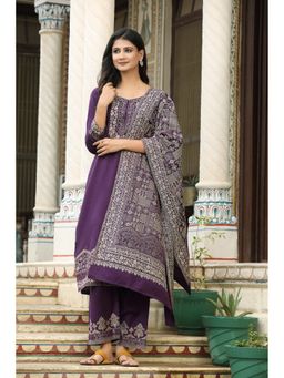 Kidar - Women Purple Wool Blend Round Neck Floral Kurta with Pant and Dupatta