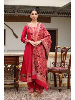 Kidar - Women's Red Wool Blend Round Neck Floral Kurta with Pant and Dupatta