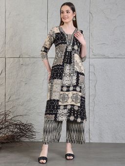 BERRYLICIOUS - Black Hand Embroidered and Printed Kurta with Palazzo