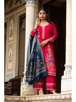 Kidar - Women Red Wool Blend Round Neck Floral Kurta with Pant and Dupatta