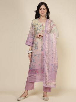 MEENA BAZAAR - Women Mauve Cotton Floral Printed Kurta with Pant and Dupatta