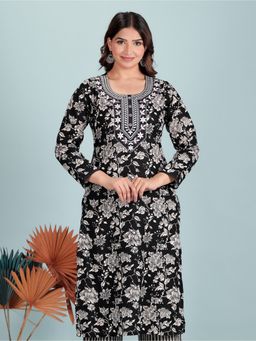 ARAMYA - Women Black Floral Straight Kurta