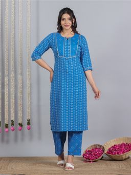 ARAMYA - Women Blue Pure Cotton Round Neck Abstract Printed Kurta with Pant
