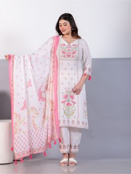 ARAMYA - Women Off White Pure Cotton Round Neck Floral Printed Kurta with Pant and Dupatta