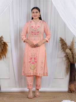 ARAMYA - Women Peach Pure Cotton Mandarin Neck Floral Printed Kurta with Pant