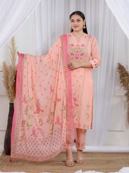 ARAMYA - Women Peach Pure Cotton Round Neck Floral Printed Kurta with Pant and Dupatta