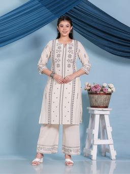 ARAMYA - Women Cream Pure Cotton Round Neck Geometric Printed Kurta with Palazzo