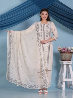 ARAMYA - Women Cream Pure Cotton Round Neck Geometric Printed Kurta with Palazzo and Dupatta