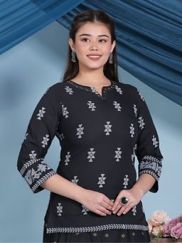 ARAMYA - Women Black Geometric Straight Kurta