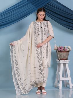 ARAMYA - Women Cream Pure Cotton Round Neck Geometric Printed Kurta with Palazzo and Dupatta