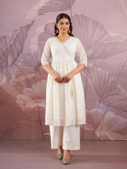 ARAMYA - Women Off White Georgette V-Neck Abstract Printed Kurta with Palazzo