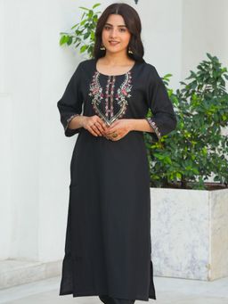 ARAMYA - Women Black Embroidered Straight Kurta