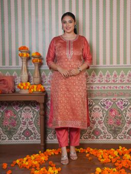 ARAMYA - Women Peach Jacquard Round Neck Woven Zari Kurta with Pant