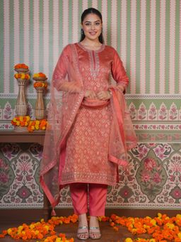 ARAMYA - Women Peach Jacquard Round Neck Woven Zari Kurta with Pant and Dupatta
