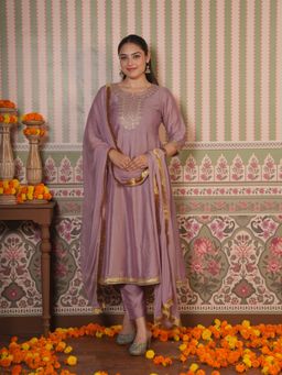 ARAMYA - Women Mauve Silk Blend Round Neck Embroidered Thread Work Kurta with Pant and Dupatta