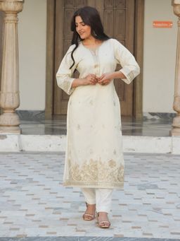 ARAMYA - Women Off White Tissue Round Neck Paisley Embroidered Kurta with Pant