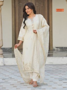 ARAMYA - Women Off White Tissue Round Neck Embroidered Thread Work Kurta with Pant and Dupatta