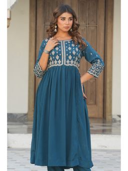 ARAMYA - Women Teal Embroidered Flared Kurta