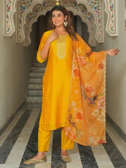 ARAMYA - Women Yellow Poly Silk Round Neck Embroidered Kurta with Pant and Dupatta