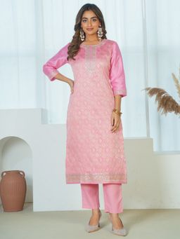ARAMYA - Women Pink Jacquard Round Neck Woven Zari Kurta with Pant