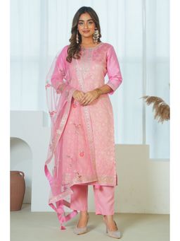 ARAMYA - Women Pink Jacquard Round Neck Woven Zari Kurta with Pant and Dupatta