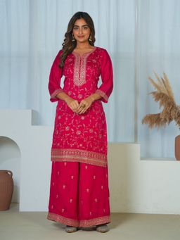 ARAMYA - Women Pink Poly Silk Round Neck Floral Embroidered Kurta with Palazzo